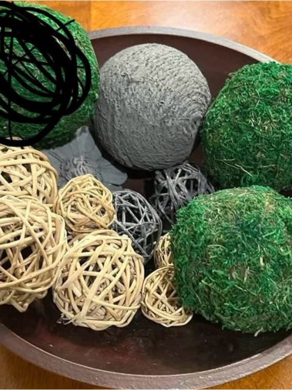 Decorative Moss and Rattan Ball Bowl Filler - Green & Natural with bowl